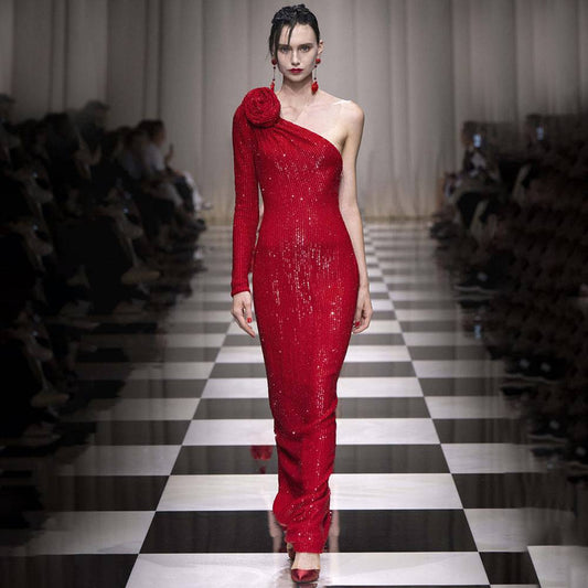 Red Three-Dimensional One Shoulder Floral Sequin Formal Dress - Venus Trendy Fashion Online