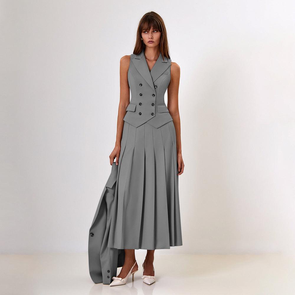 Elegant Maxi Skirt Sleeveless Vest Pleated Two Piece Sets