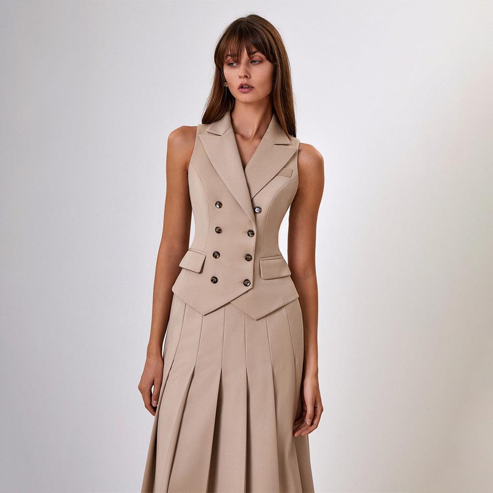 Elegant Maxi Skirt Sleeveless Vest Pleated Two Piece Sets