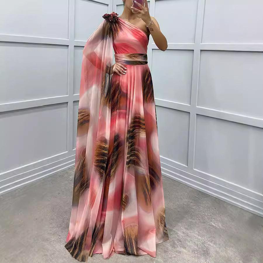 Chiffon Printed Sloping Shoulder Casual Party Dress - Venus Trendy Fashion Online