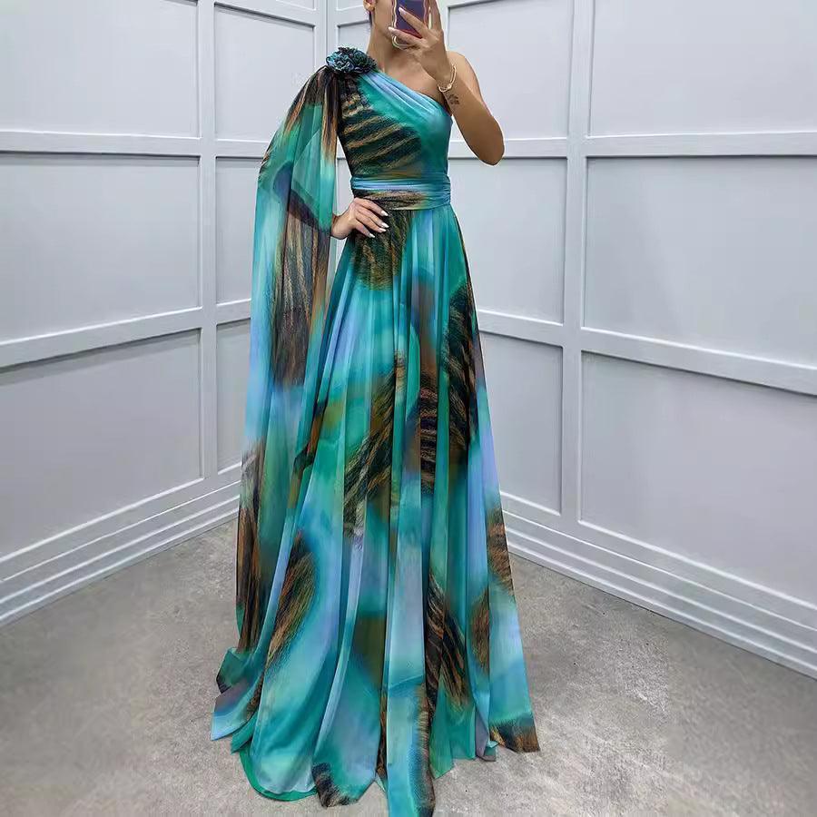 Chiffon Printed Sloping Shoulder Casual Party Dress - Venus Trendy Fashion Online
