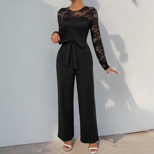Lace Stitching Zipper Lace Up Solid Color Jumpsuit
