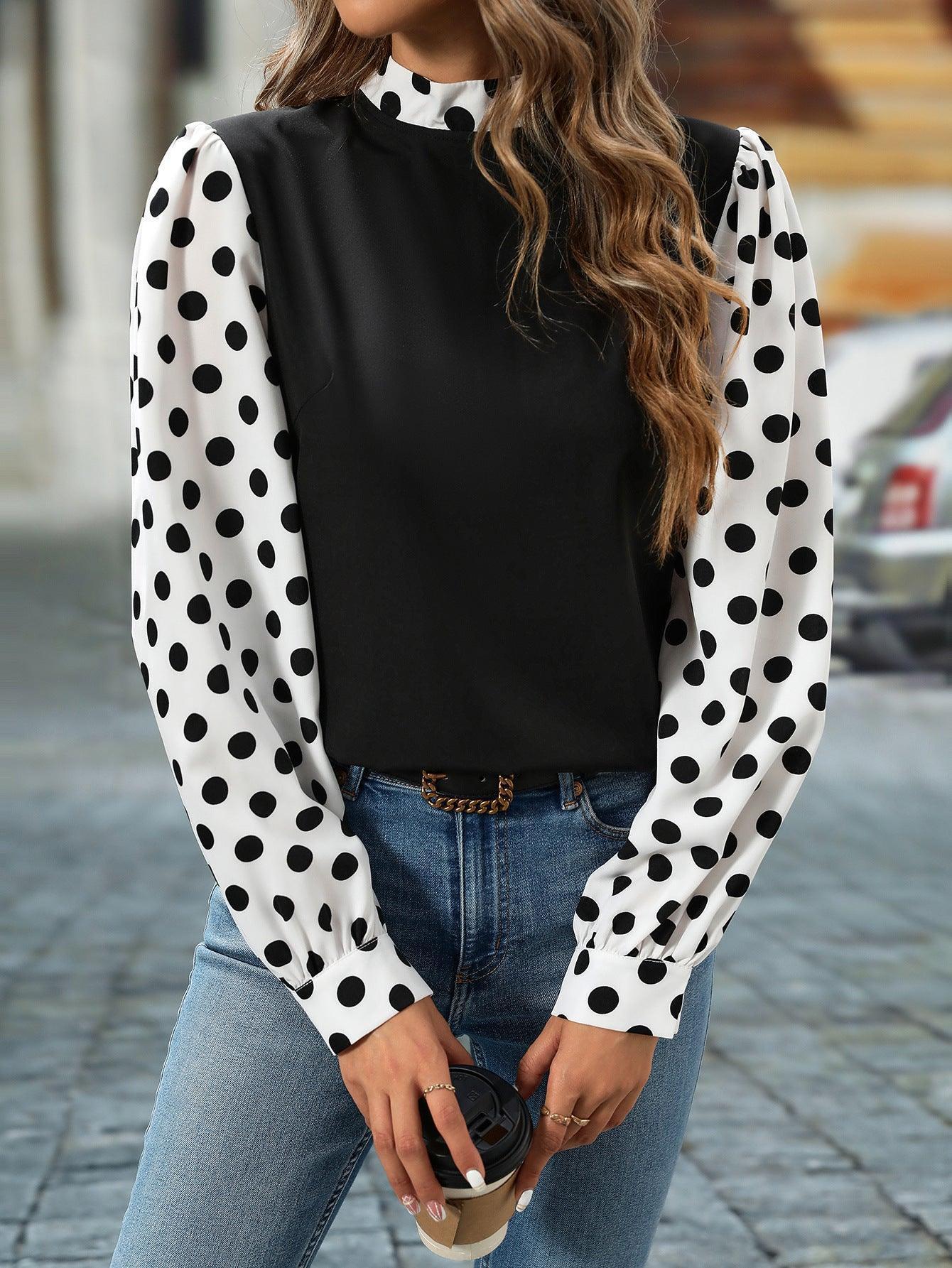 Women Elegant Spring Polka Dot Stitching High Collar Shirt - Venus Trendy Fashion Online
