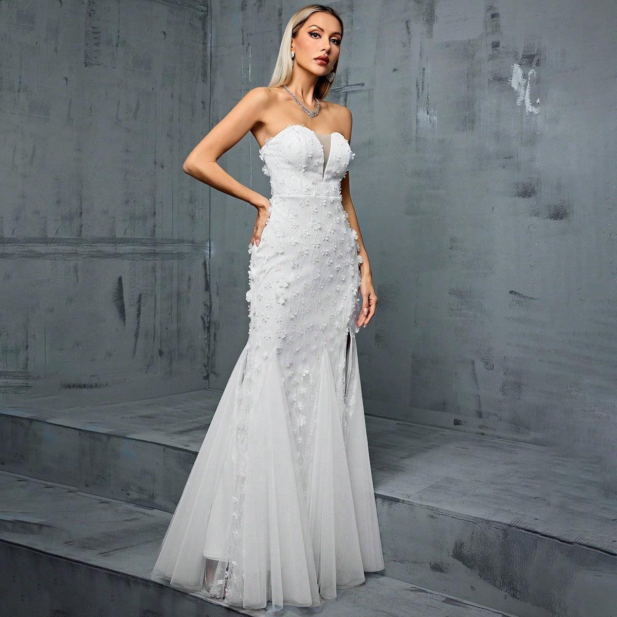 V neck Fishtail Gauzy Gown Cocktail Party Dress