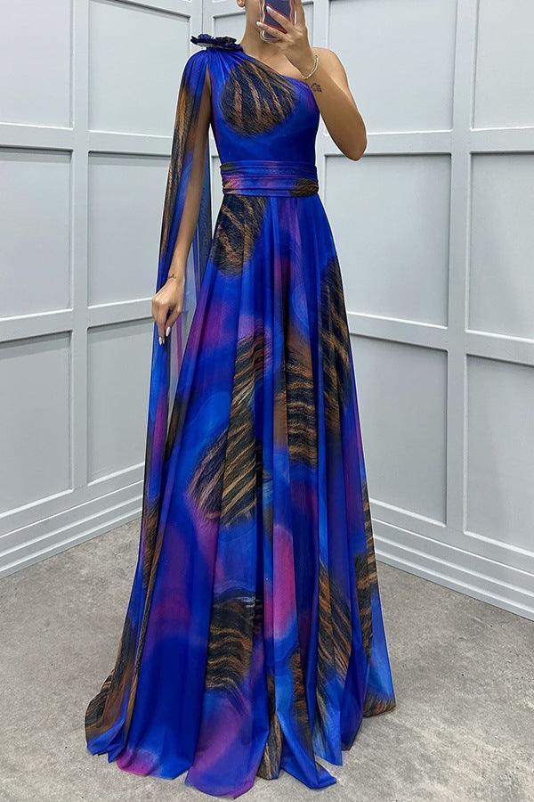 Chiffon Printed Sloping Shoulder Casual Party Dress - Venus Trendy Fashion Online