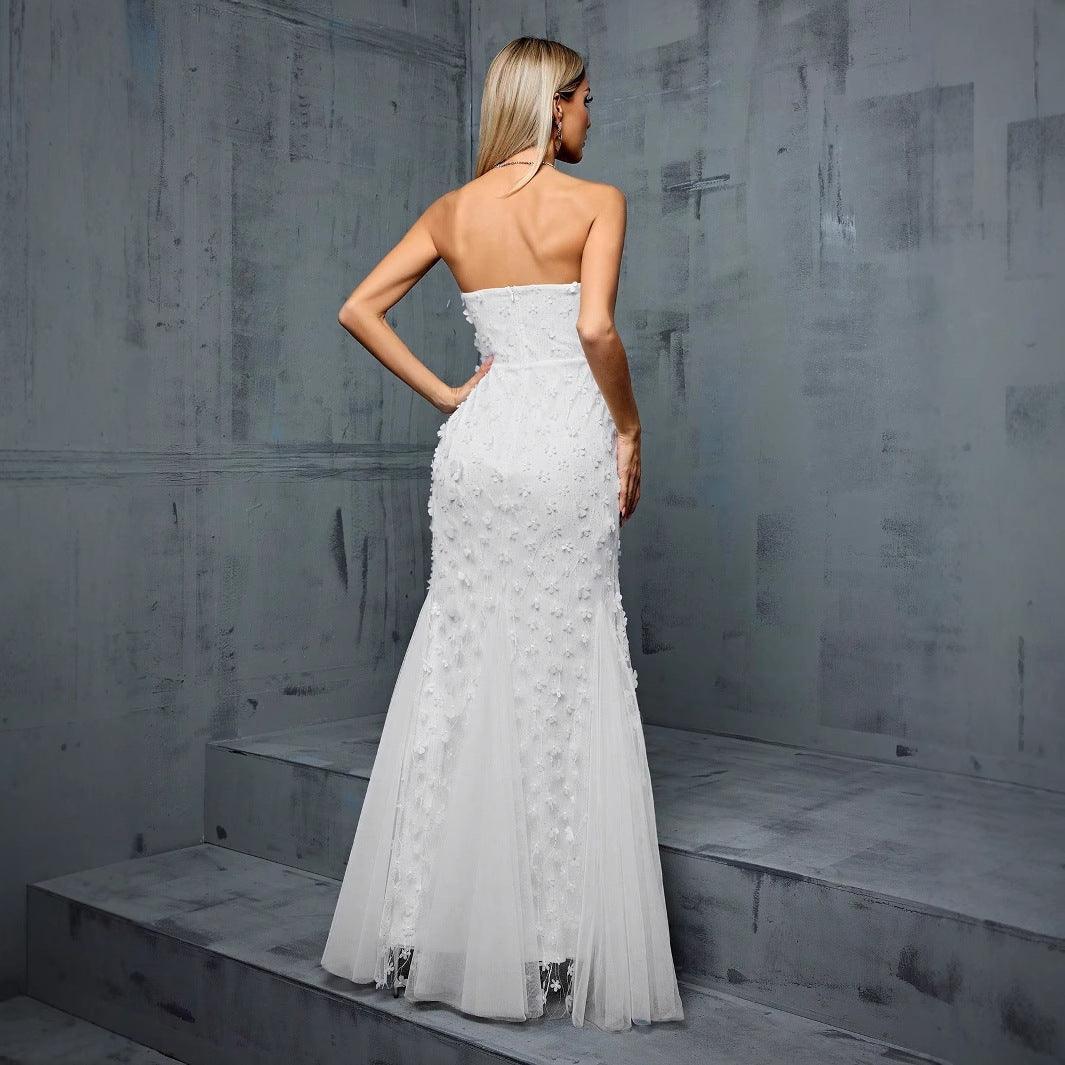 V neck Fishtail Gauzy Gown Cocktail Party Dress