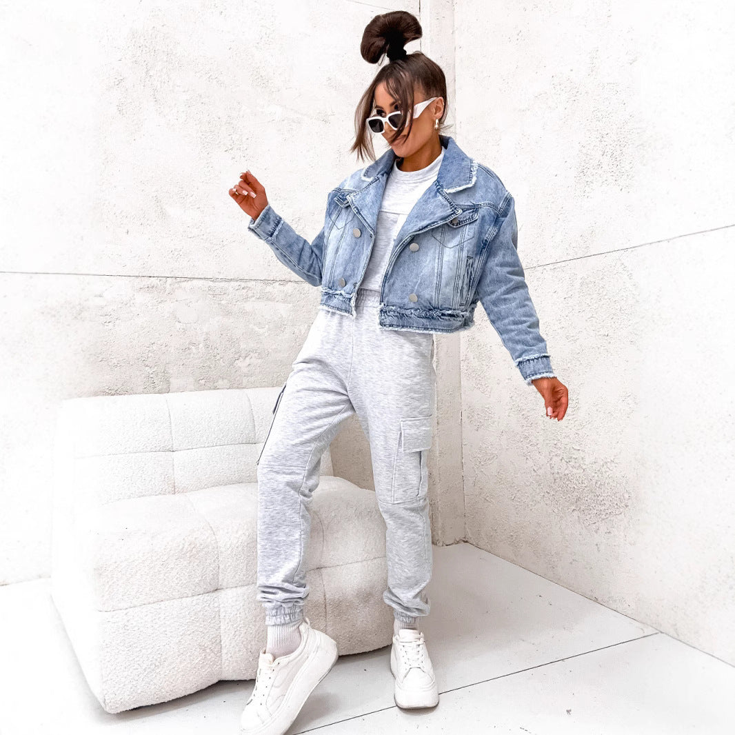 Women Raw Edge Denim Women Long Sleeved Coat