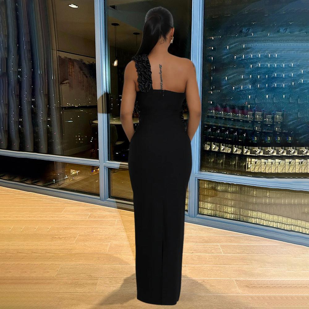 One Shoulder Hollow Out Pleated Split Dress