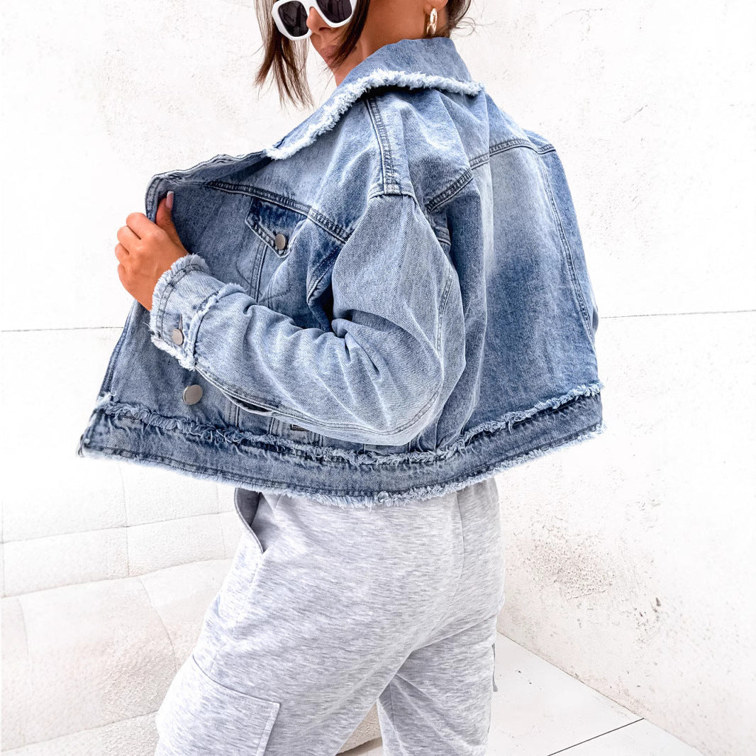 Women Raw Edge Denim Women Long Sleeved Coat
