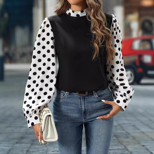 Women Elegant Spring Polka Dot Stitching High Collar Shirt - Venus Trendy Fashion Online