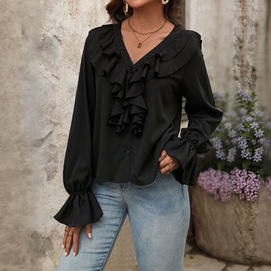 Women V neck Ruffled Elegant Shirt