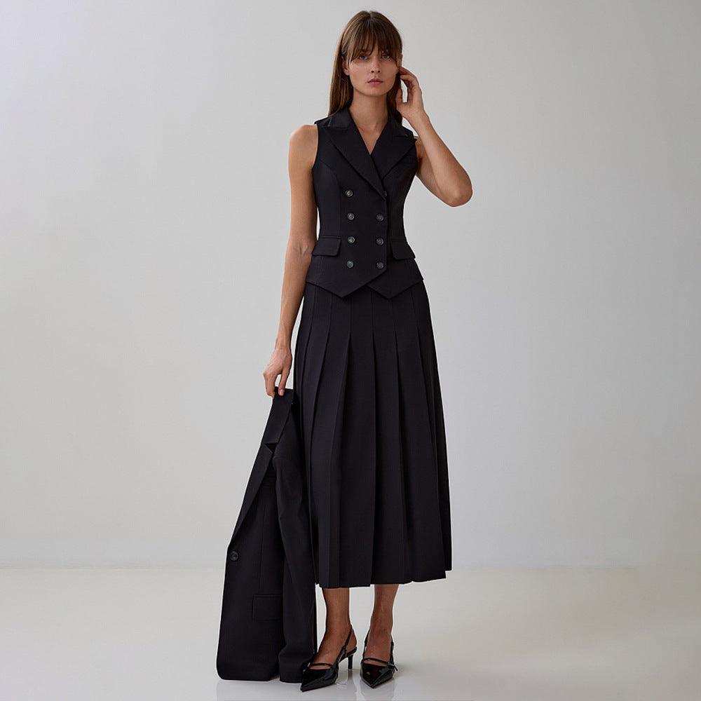 Elegant Maxi Skirt Sleeveless Vest Pleated Two Piece Sets