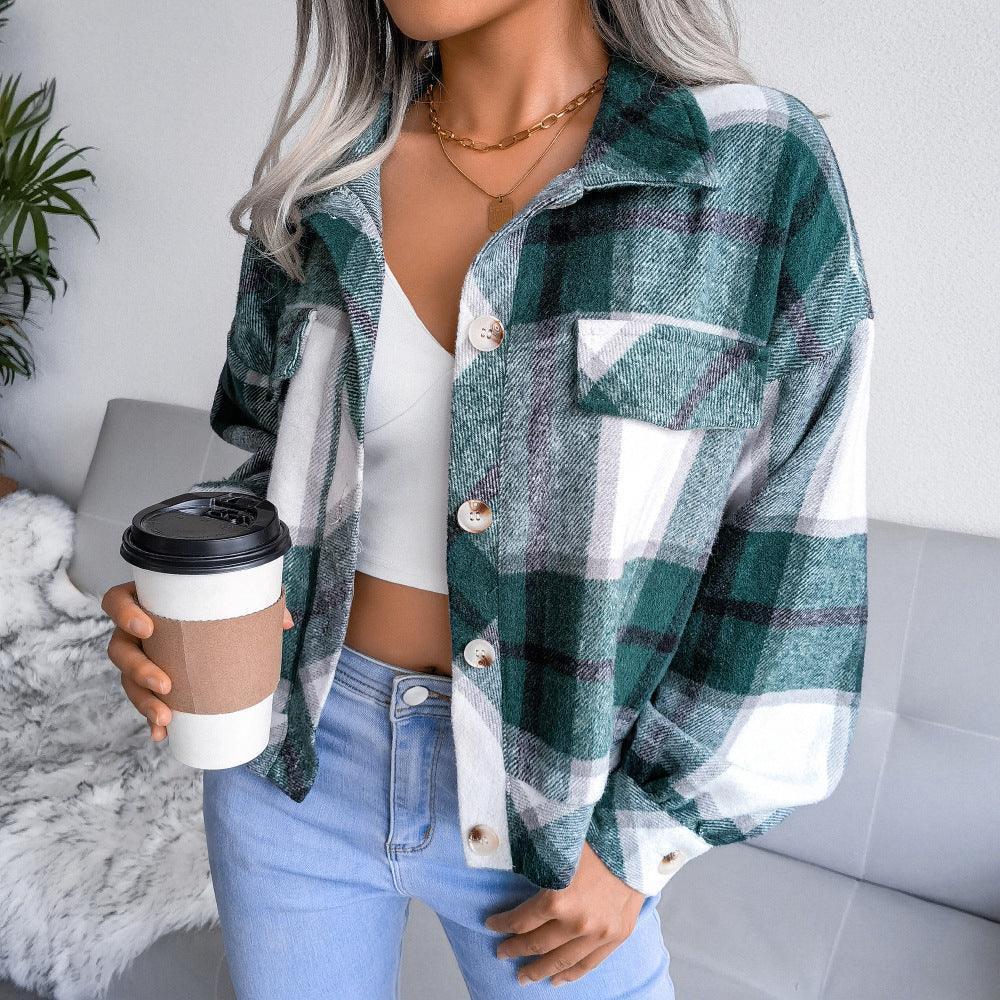 Winter Plaid Lantern Long Sleeve Woolen Coat - Venus Trendy Fashion Online