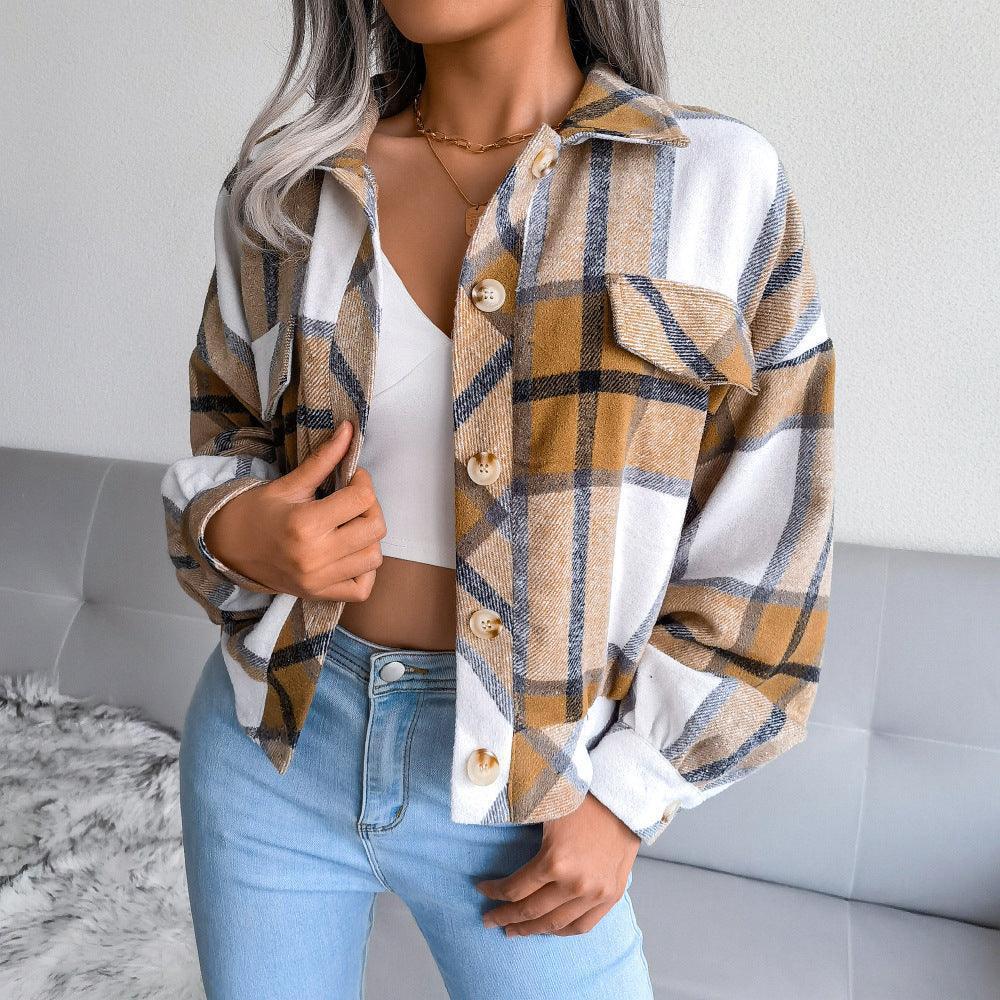Winter Plaid Lantern Long Sleeve Woolen Coat - Venus Trendy Fashion Online