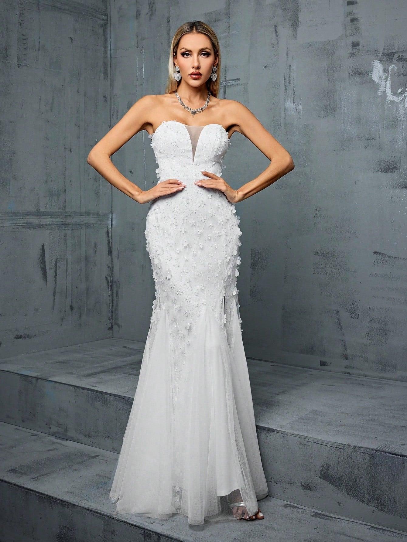 V neck Fishtail Gauzy Gown Cocktail Party Dress