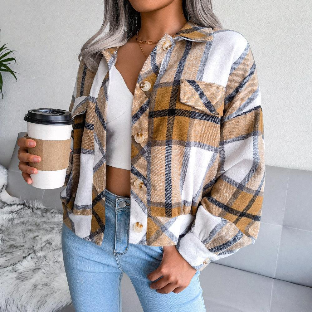 Winter Plaid Lantern Long Sleeve Woolen Coat - Venus Trendy Fashion Online
