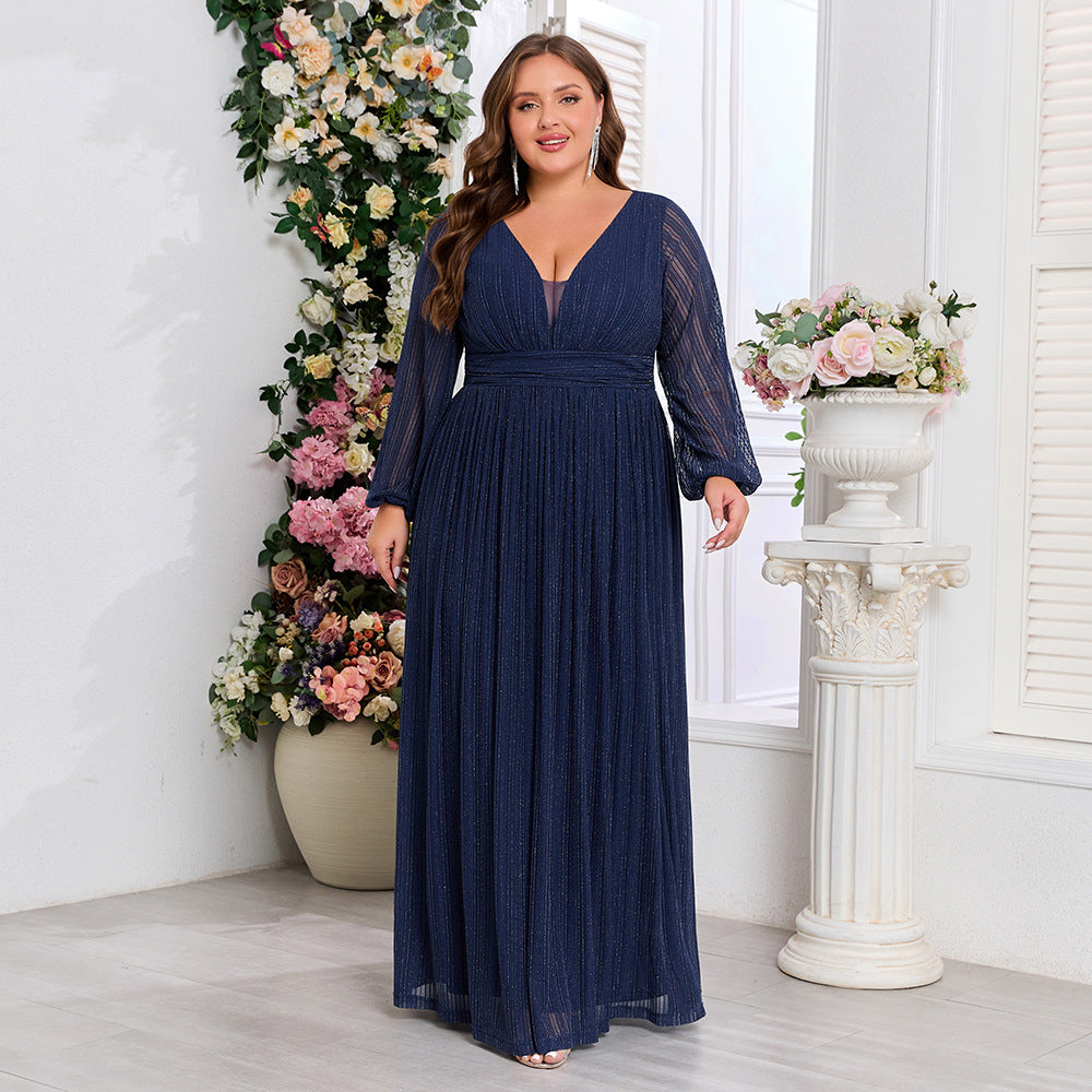 Women Long Sleeve A Swing V neck Evening Dress