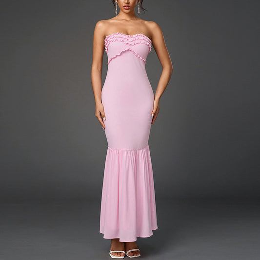 Sexy Backless Wooden Ear Smocking Stitching Hip Dress