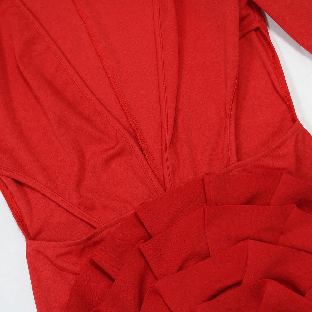 Women Sexy V neck Solid Color Dress