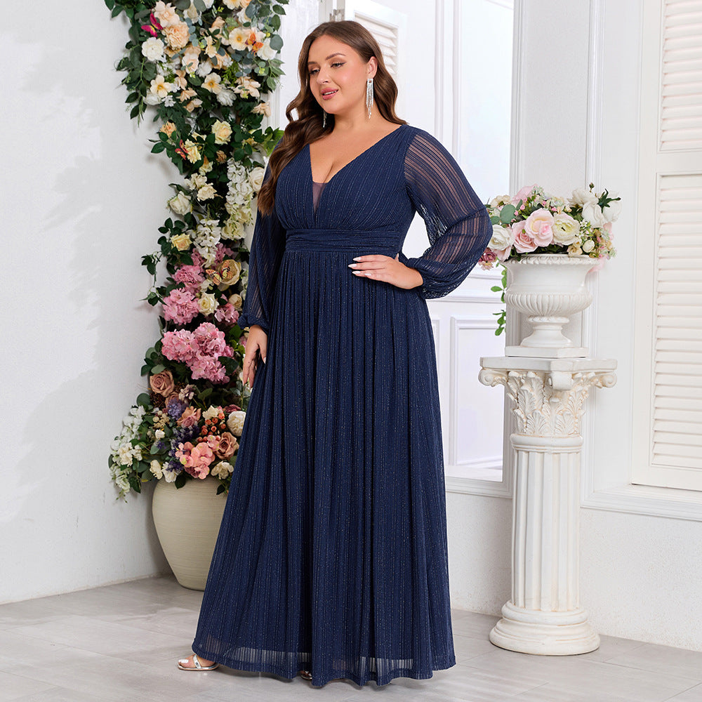 Women Long Sleeve A Swing V neck Evening Dress