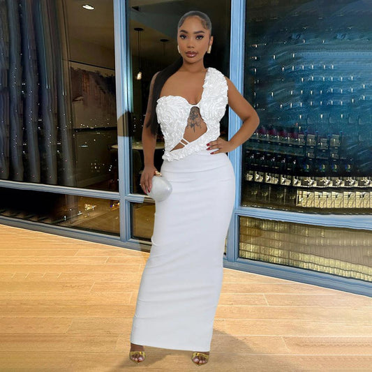 One Shoulder Hollow Out Pleated Split Dress