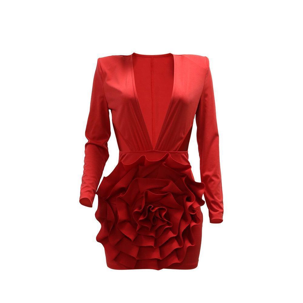 Women Sexy V neck Solid Color Dress