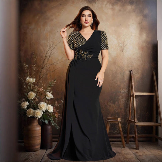 Plus Size V neck Short Sleeve Elegant Party Dress