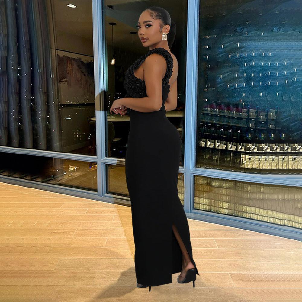 One Shoulder Hollow Out Pleated Split Dress