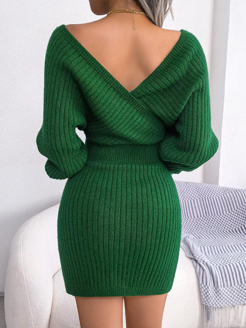 Winter Sexy Criss Cross V neck Bat Sheath Dress - Venus Trendy Fashion Online