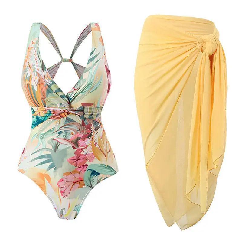 One Piece Swimsuit Women Conservatively Thin Vintage Printed Hard Bag Swimsuit with Steel Bracket Tulle Skirt - Venus Trendy Fashion Online