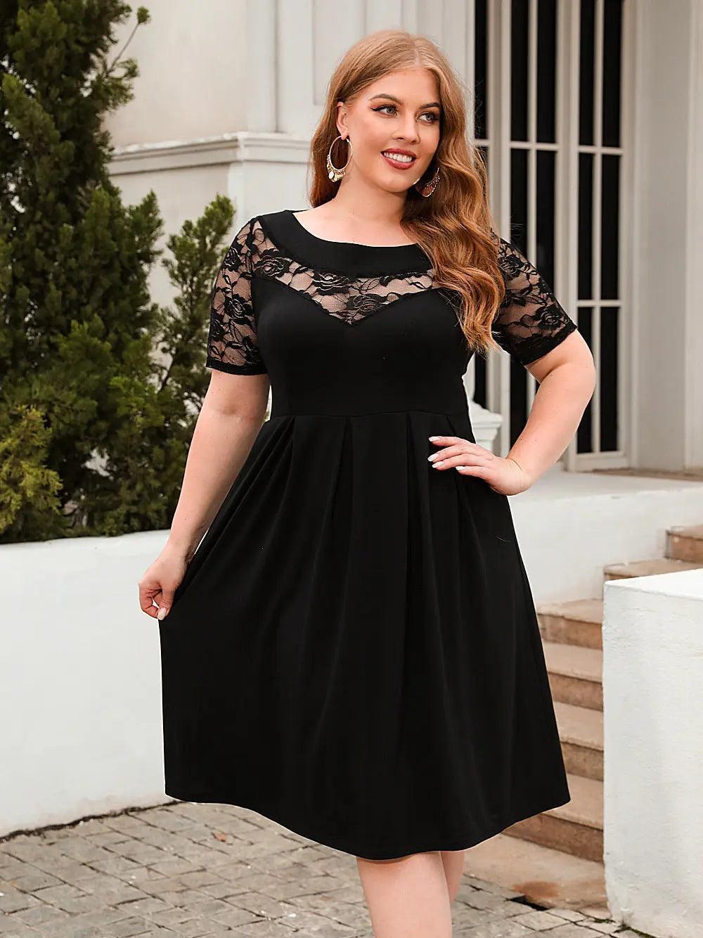 Plus Size Hollow Out Cutout Lace Casual Loose Dress Holiday Office Dress Women Clothing - Venus Trendy Fashion Online