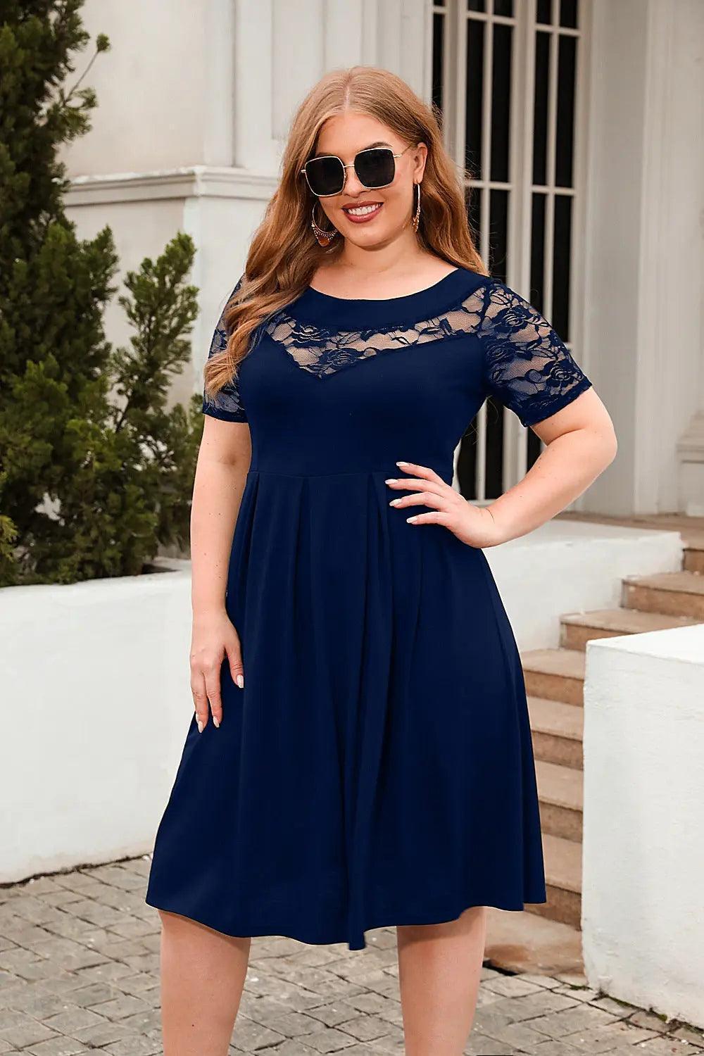 Plus Size Hollow Out Cutout Lace Casual Loose Dress Holiday Office Dress Women Clothing - Venus Trendy Fashion Online