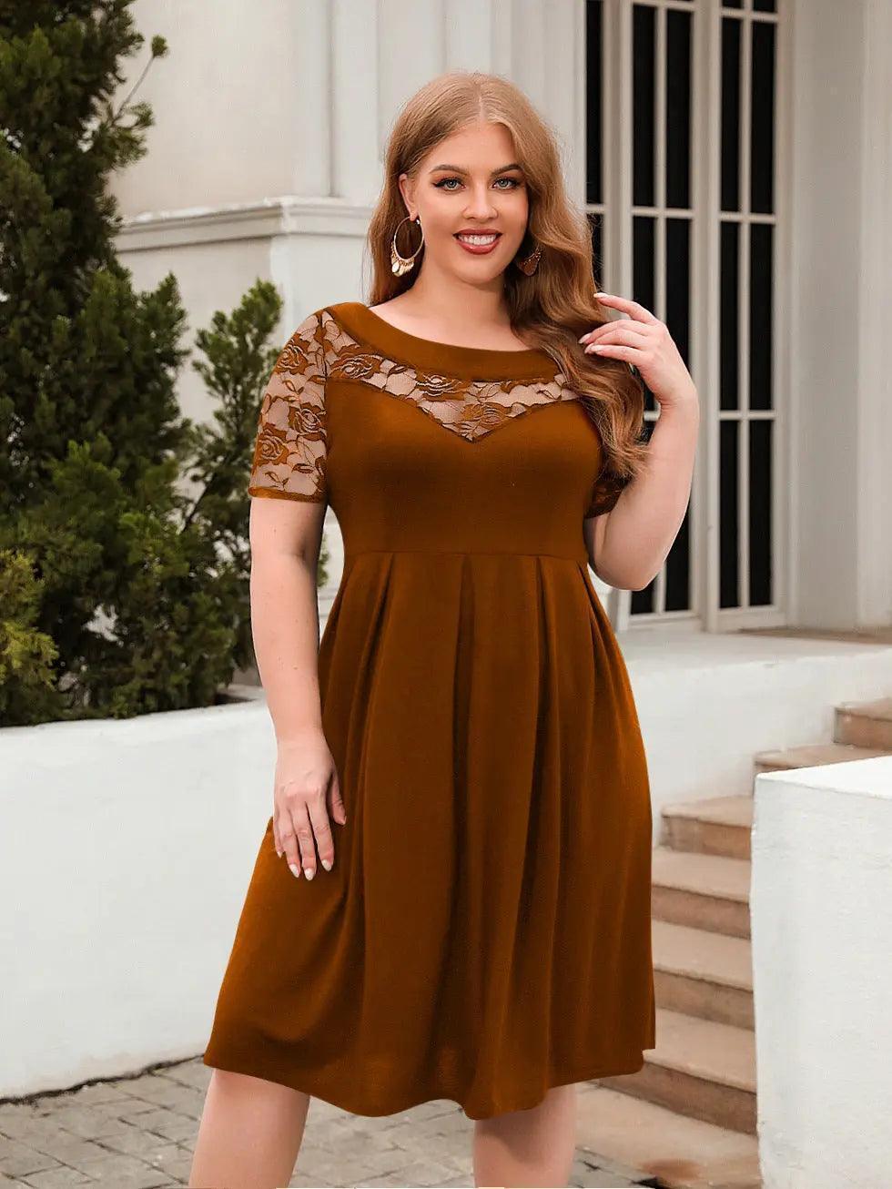 Plus Size Hollow Out Cutout Lace Casual Loose Dress Holiday Office Dress Women Clothing - Venus Trendy Fashion Online