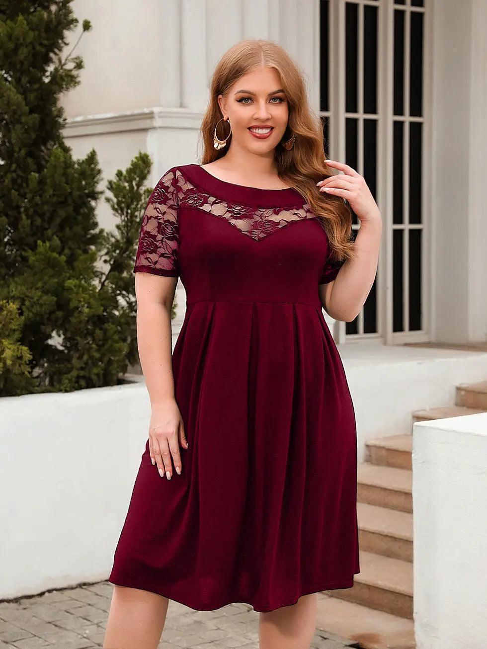Plus Size Hollow Out Cutout Lace Casual Loose Dress Holiday Office Dress Women Clothing - Venus Trendy Fashion Online