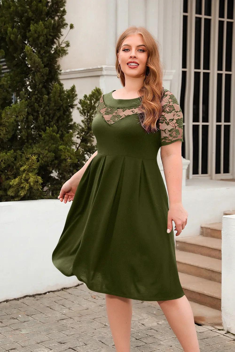 Plus Size Hollow Out Cutout Lace Casual Loose Dress Holiday Office Dress Women Clothing - Venus Trendy Fashion Online