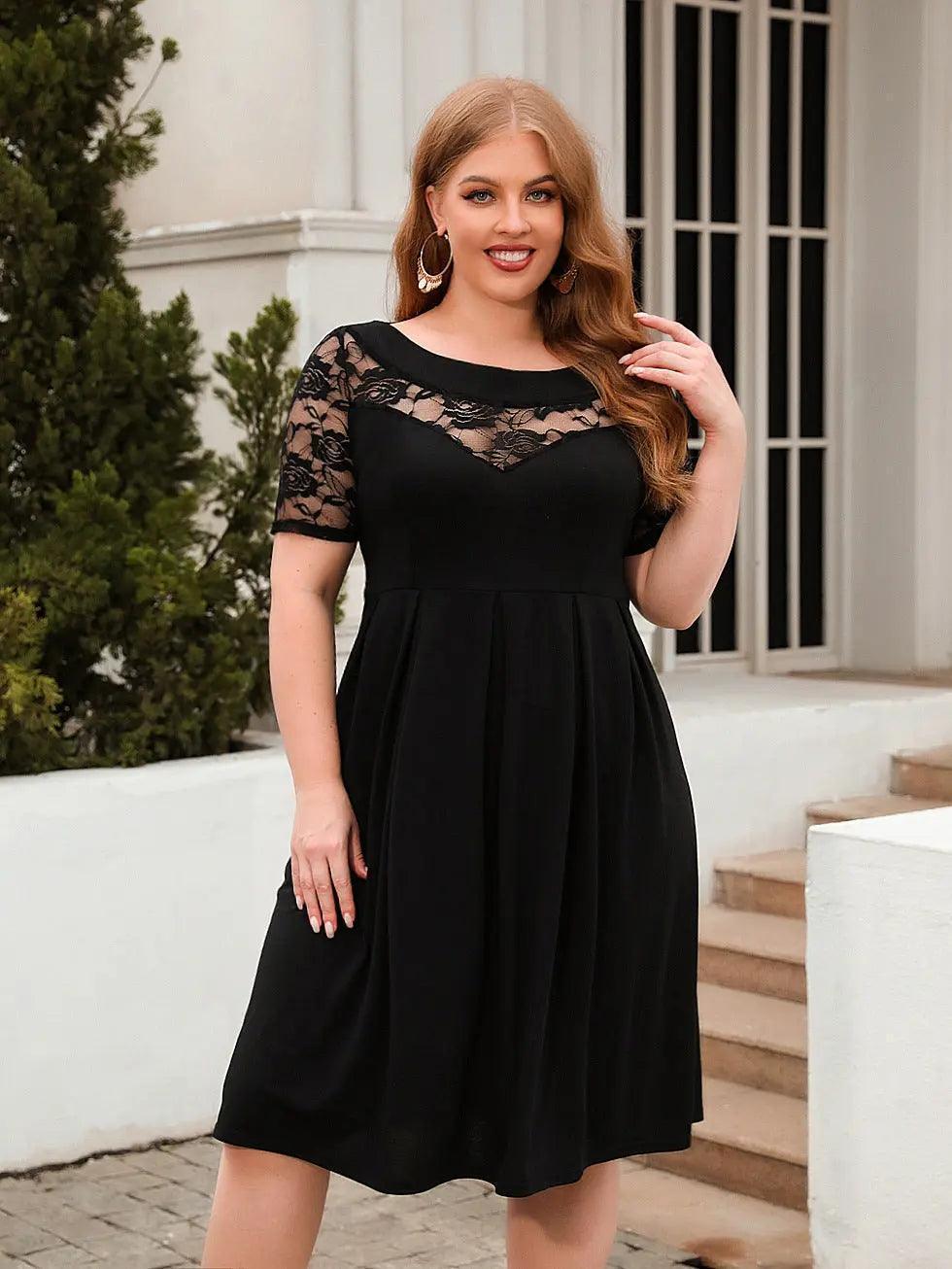 Plus Size Hollow Out Cutout Lace Casual Loose Dress Holiday Office Dress Women Clothing - Venus Trendy Fashion Online