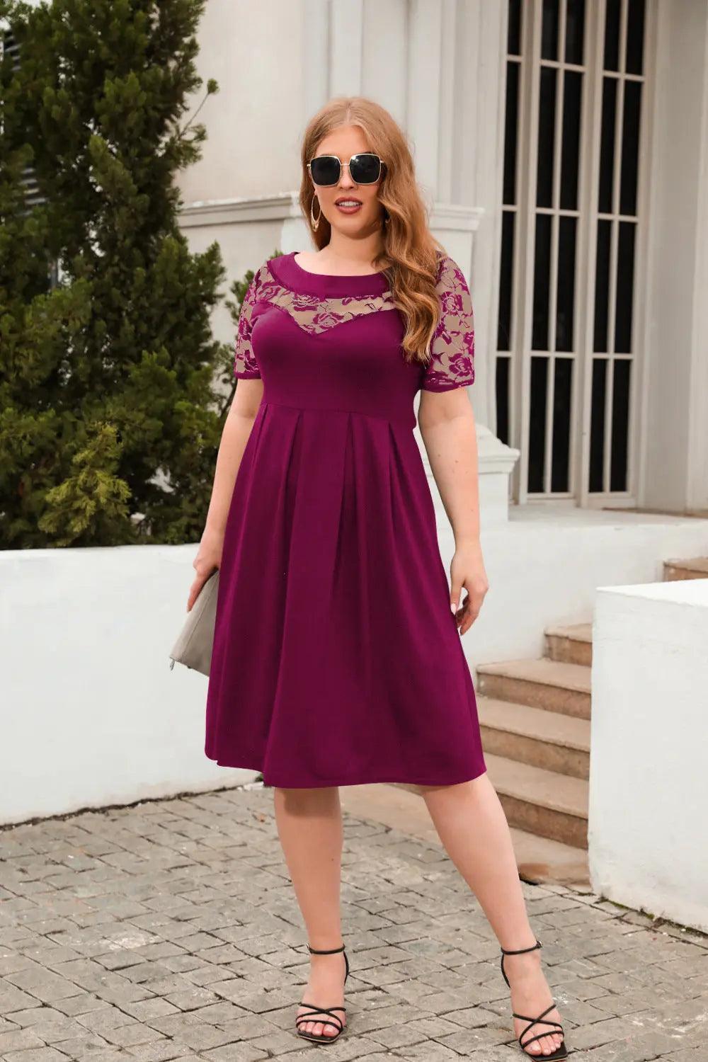 Plus Size Hollow Out Cutout Lace Casual Loose Dress Holiday Office Dress Women Clothing - Venus Trendy Fashion Online