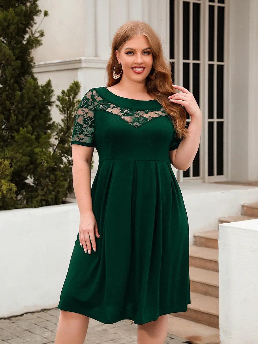 Plus Size Hollow Out Cutout Lace Casual Loose Dress Holiday Office Dress Women Clothing - Venus Trendy Fashion Online