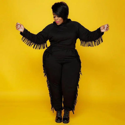 Plus Size Solid Color Loose-Fitting Tassel Street Women Suit - Venus Trendy Fashion Online