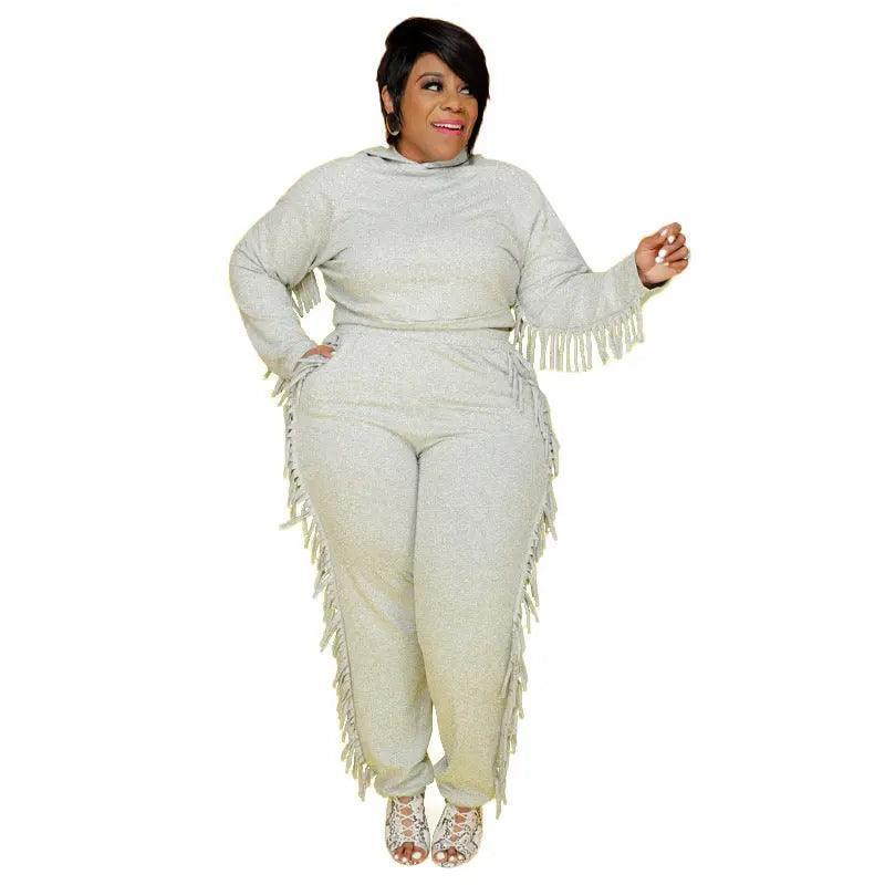 Plus Size Solid Color Loose-Fitting Tassel Street Women Suit - Venus Trendy Fashion Online