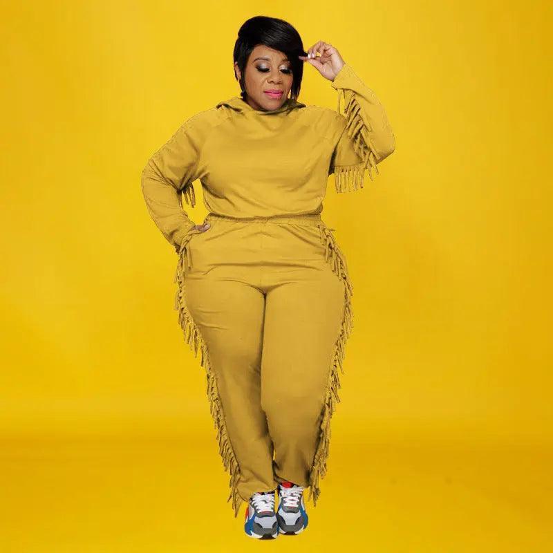 Plus Size Solid Color Loose-Fitting Tassel Street Women Suit - Venus Trendy Fashion Online