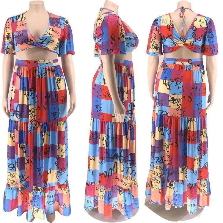 Plus Size Women Clothing Two-Piece Suit Wrapped Chest Vest Swing Skirt - Venus Trendy Fashion Online
