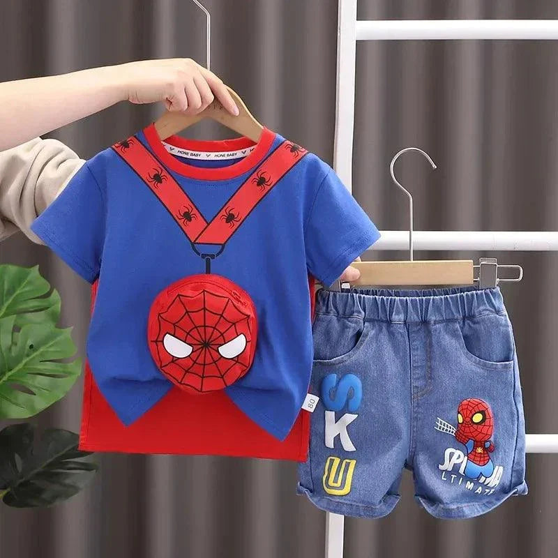 Summer Baby Boys Spiderman Short Sleeve T-shirt+Jeans Sets