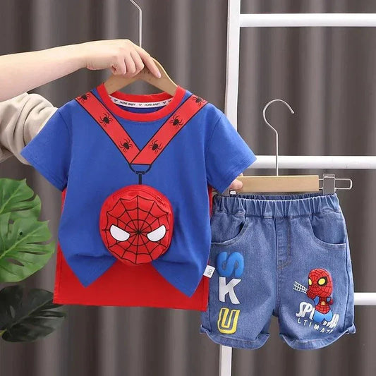 Summer Baby Boys Spiderman Short Sleeve T-shirt+Jeans Sets