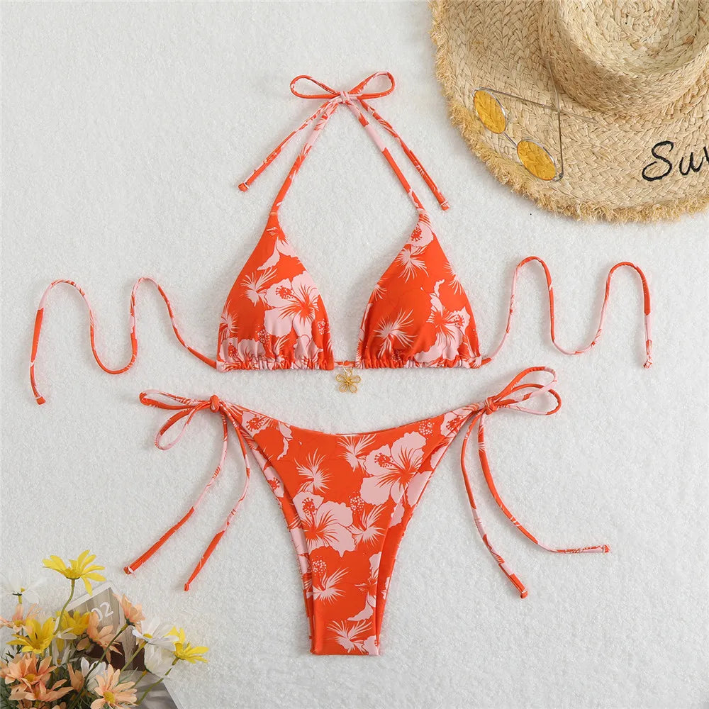 Rose Red Flower Print Micro Thong Bikini