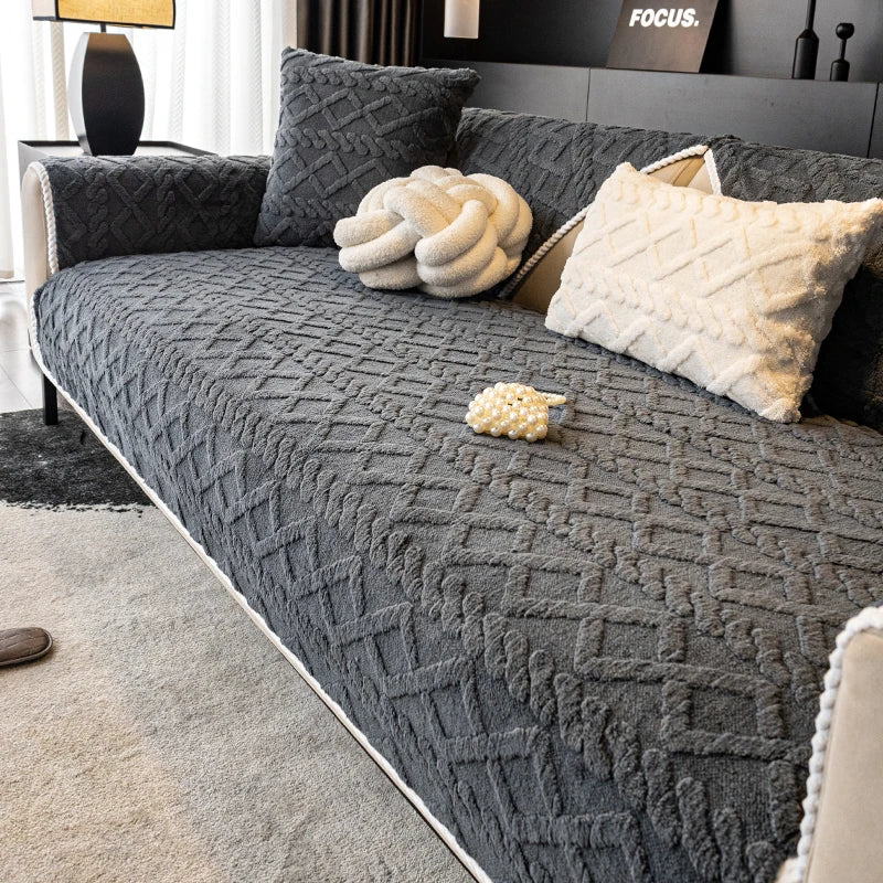 Solid colored plush non slip sofa cover