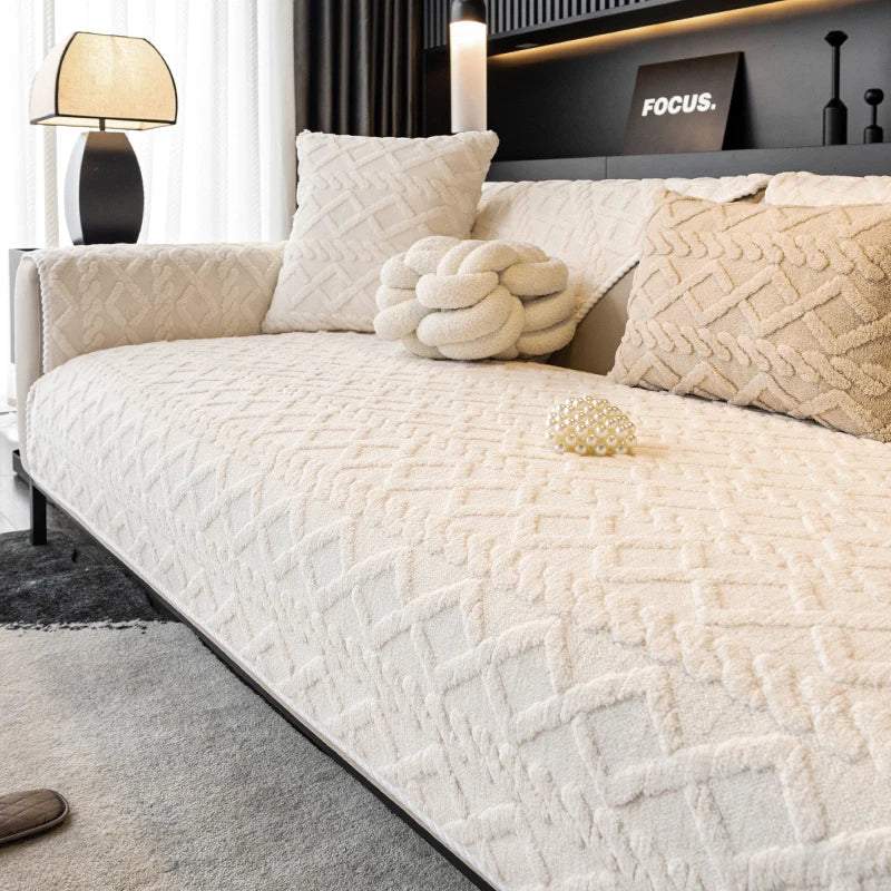 Solid colored plush non slip sofa cover