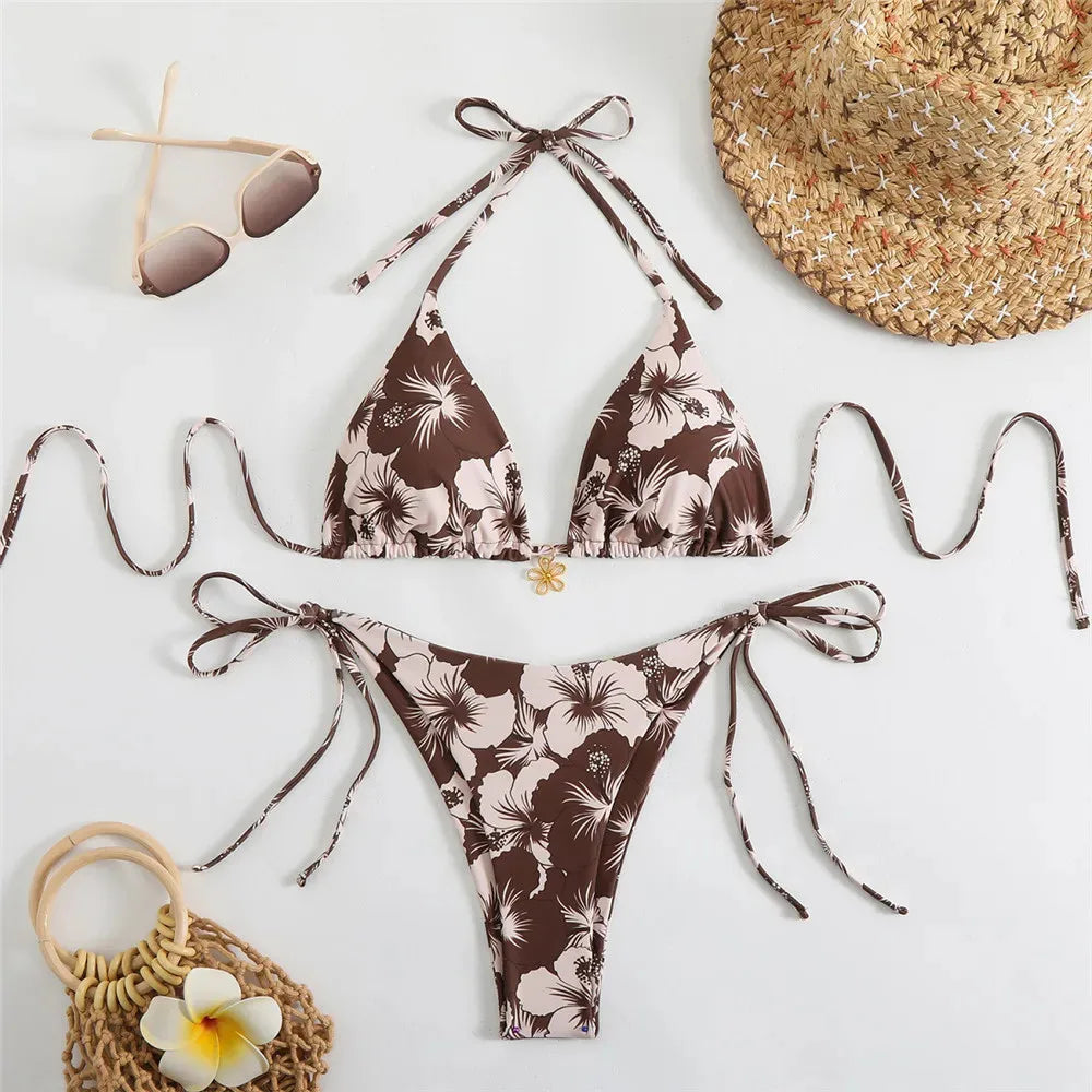 Rose Red Flower Print Micro Thong Bikini