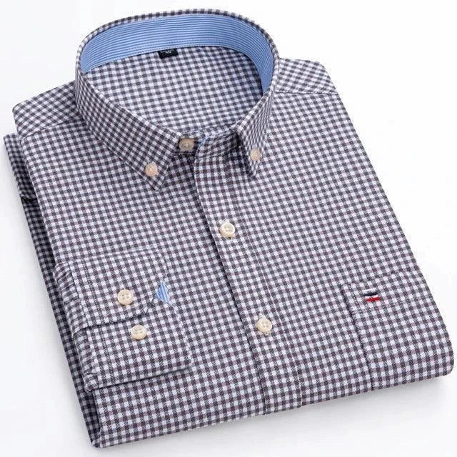 Men's 100% Cotton Plaid Checkered Long Sleeve Oxford Shirt - Venus Trendy Fashion Online