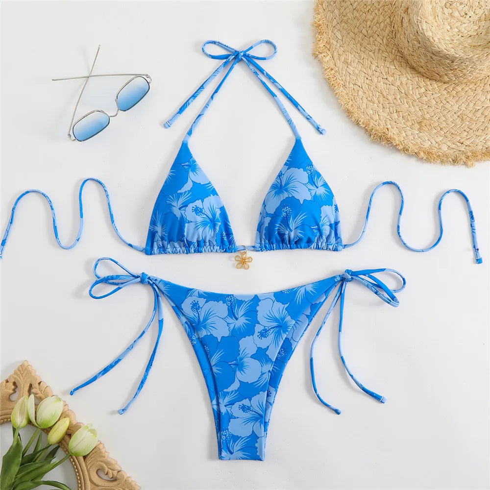 Rose Red Flower Print Micro Thong Bikini